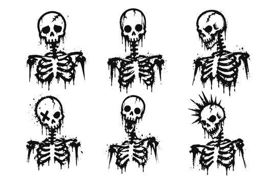 Graffiti skeleton set. Grunge skull and skeleton illustrations in bold street art style.