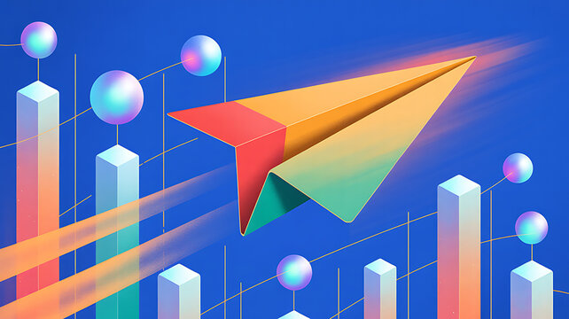A colorful paper airplane flying over a rising bar chart with glowing nodes and lines, representing business growth, innovation, and digital transformation in a vibrant, isometric style