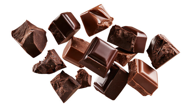 Broken dark chocolate chunks and squares scattered in a pile