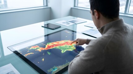 Obraz premium Professional analyzing Indonesian satellite heat map for climate data on large digital display.