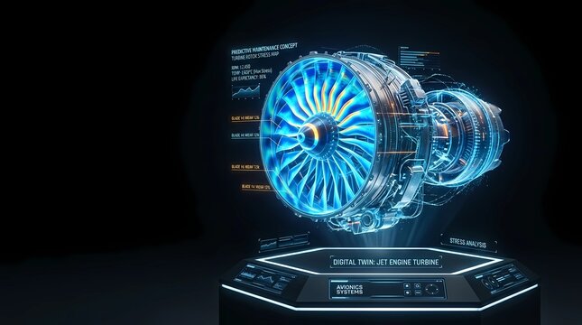 Holographic projection of a complex jet engine turbine rotating on a digital display platform with technical schematics aerospace engineering futuristic technology aviation technology