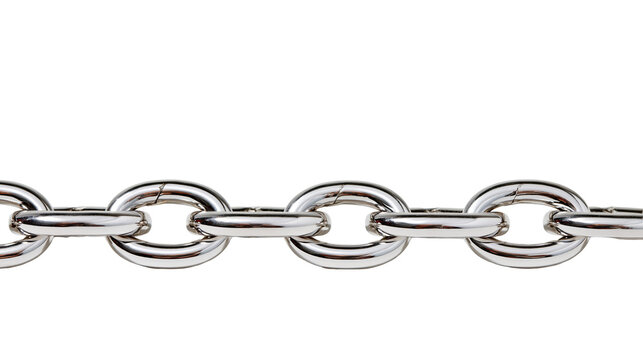 Shiny polished chrome metal chain links connected in a horizontal row