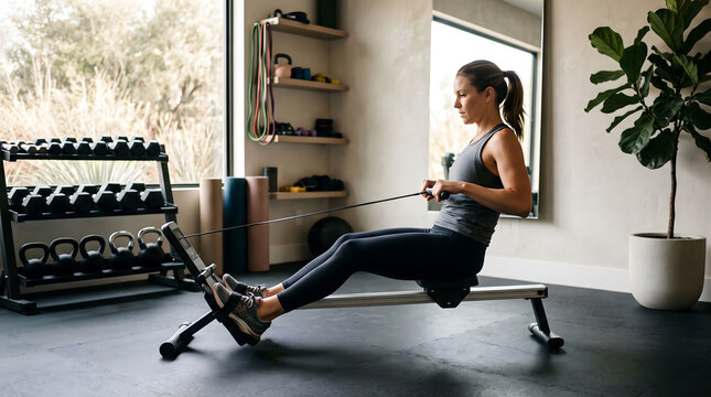 Woman exercising on a rowing machine in a home gym, wearing a grey tank and black leggings, with dumbbells and yoga mats in background