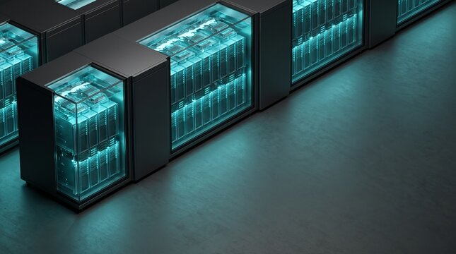 Futuristic server racks with glowing cyan lights in a high-tech data center environment