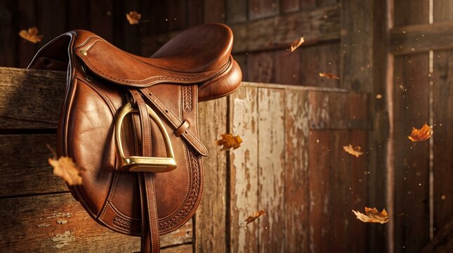 Brown leather horse saddle hanging on a rustic stable wooden wall with autumn leaves in fall