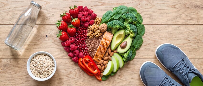 Healthy food arranged in a heart shape on a wooden table with fitness accessories with fresh fruits vegetables vegetables nuts salmon water oatmeal sneakers wooden surface next various fresh diet