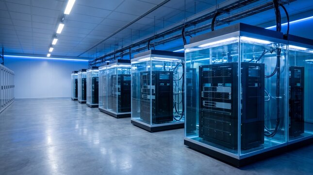 Server Room Datum Advanced Liquid Immersion Cooling Technology in Modern Data Center Server Racks with Blue Lighting