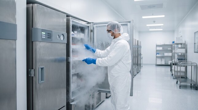 Scientist in protective suit accessing cryogenic freezer in a sterile medical laboratory environment