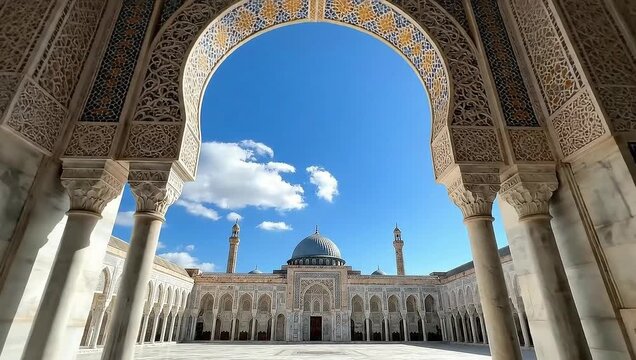 Ancient mosque architecture view through ornate stone archway with blue sky background