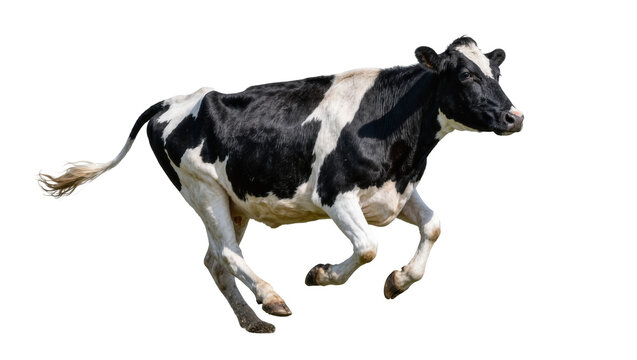 Black and white Holstein cow running, isolated on transparent background