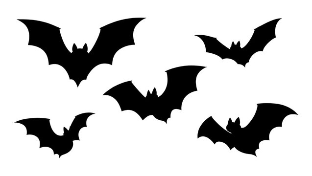 Five black bat silhouettes flying in formation, isolated on transparent background