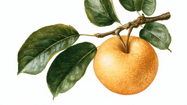 A study showcases the Asian nashi pear on its branch, surrounded by green leaves, featuring detailed botanical work with a white background.