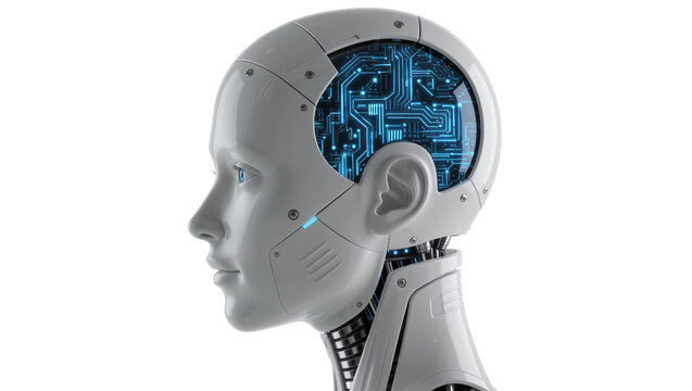 Humanoid robot head with visible blue glowing circuit board brain, isolated on transparent background