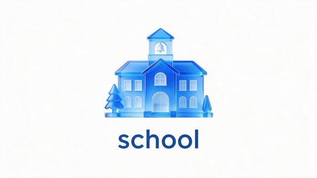Translucent Blue 3D School Building Icon Isolated on White Background