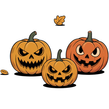 Three spooky Halloween jack o lantern pumpkins