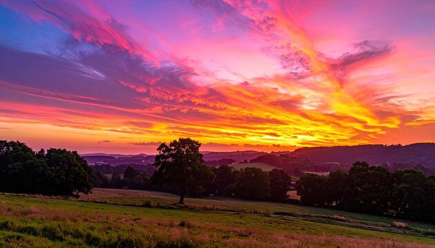 Vibrant sunset paints the sky with fiery hues over rolling hills and fields.