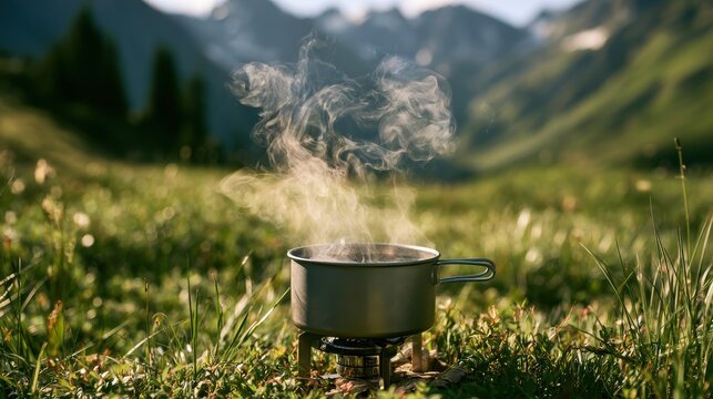 Boiling water in a titanium camping pot, portable ultralight stove, alpine meadow background
