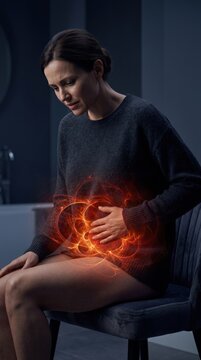 Woman feel abdominal: cystitis condition, bladder inflammation, urinary tract, internal ache, pelvic pain, body affliction, stomach grip, painful symptom, acute discomfort.