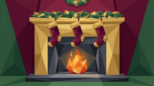 Low-poly gold fireplace with three burgundy stockings and faceted flames