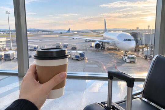 Close-up of hand holding take away coffee cup at airport terminal window before flight