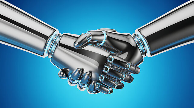 Two robotic hands made of polished chrome and blue light accents performing a firm handshake, symbolizing partnership, collaboration, artificial intelligence, and technological synergy on a blue