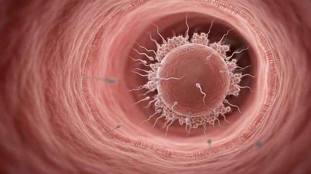 Conception biological journey: human reproduce, sperm navigate, ovum fertilize, cellular develop, female system, internal realistic, early embryo, life process.