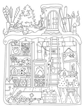 Santa's Gnome Underground House With Tea And Food Shelves And Coloring Page For Kids And Adults