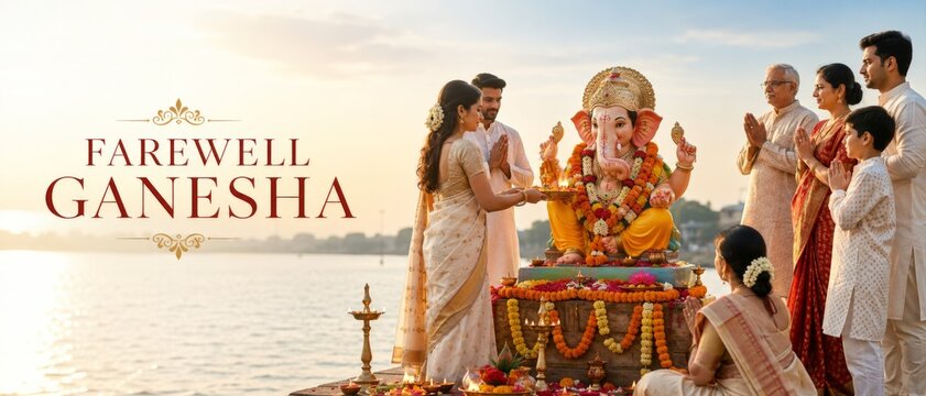 Ganesh Visarjan ceremony shows Hindu family honoring Ganesha idol beside waterfront, with Farewell Ganesha greeting, traditional attire, offerings, and September 25 immersion festival context for copy