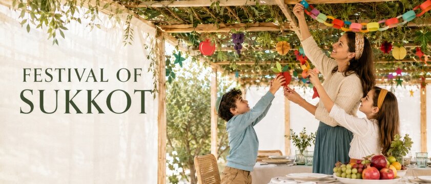 Sukkot family celebration in decorated sukkah with woman and children hanging colorful garlands, fruit, greenery, and Festival of Sukkot text, seasonal Jewish holiday scene with copy space for design