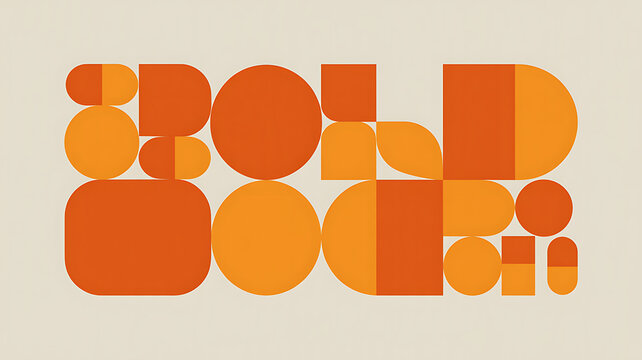 A geometric pattern featuring various orange circles, semicircles, and rounded squares arranged in a balanced composition on a light beige background, creating a minimalist and retro style