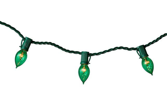 Green incandescent Christmas light bulbs on a dark green wire string