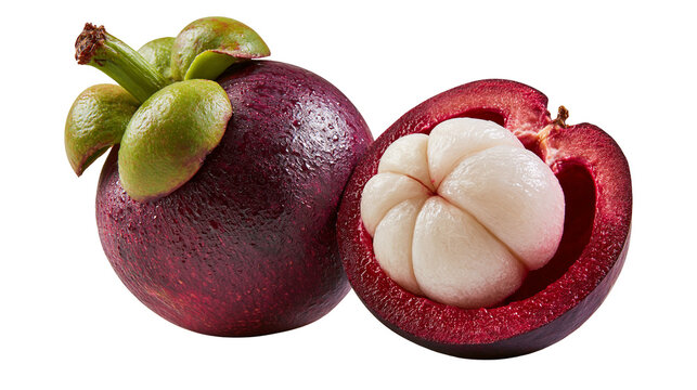 Whole and halved purple mangosteen fruit with white segments