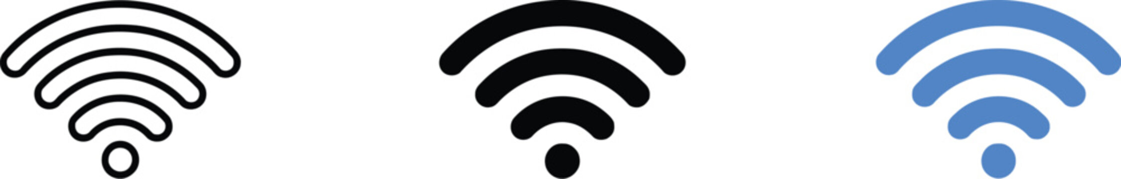 WiFi Signal Strength Icons in Black and Blue Outline Styles, Wireless Internet Connection and Network Connectivity Symbol Artwork