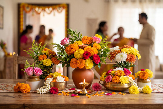Bright floral arrangements on a table for Dussehra celebration, captured in a medium close-up with natural lighting and soft background blur