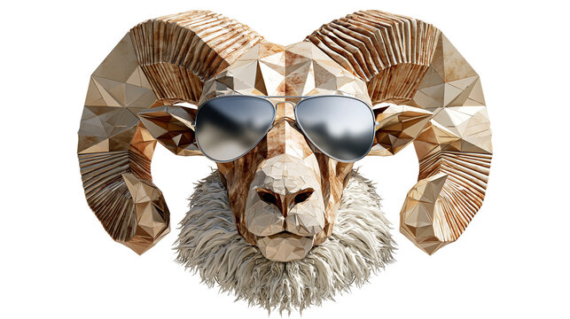 Low poly geometric ram head sculpture wearing modern reflective aviator sunglasses