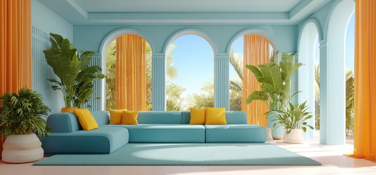 Modern luxury living room interior with a large cyan sectional sofa, yellow decorative pillows, and tropical palm plants, framed by elegant arched windows with bright orange curtai