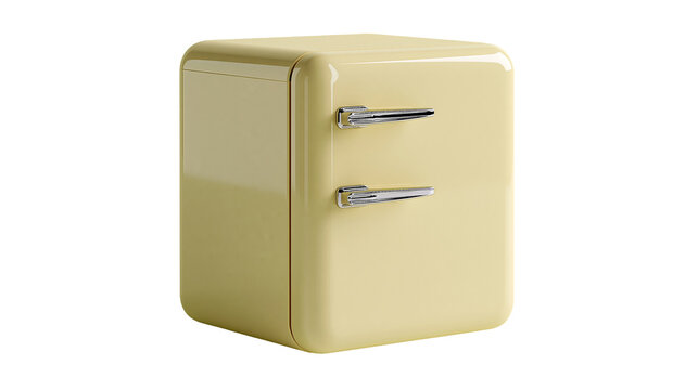 Small cream colored retro style mini refrigerator with chrome metal handles