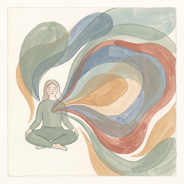Meditating woman watercolor background with colorful flowing waves for mindfulness poster and breathing exercise design