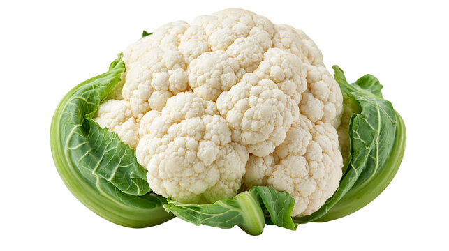 Fresh whole cauliflower head with vibrant green leaves