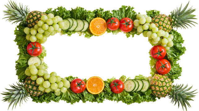 Fresh vegetable and fruit rectangular frame with pineapple grapes and tomatoes