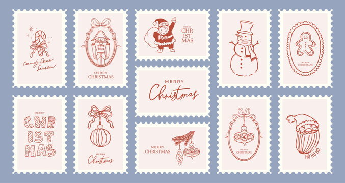 Christmas vintage postage stamp set with hand drawn Santa Claus, nutcracker, snowman, ornaments, festive elements in doodle style. Vector collection for mail, holiday cards, scrapbooking and packaging