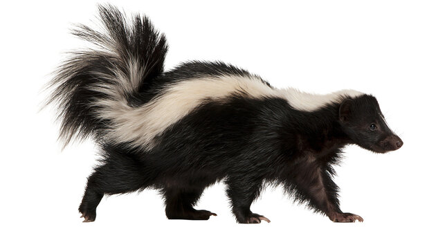 Striped skunk walking with bushy tail and black and white fur