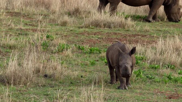 Newborn rhino calf ventures away from its mother to explore in slow motion