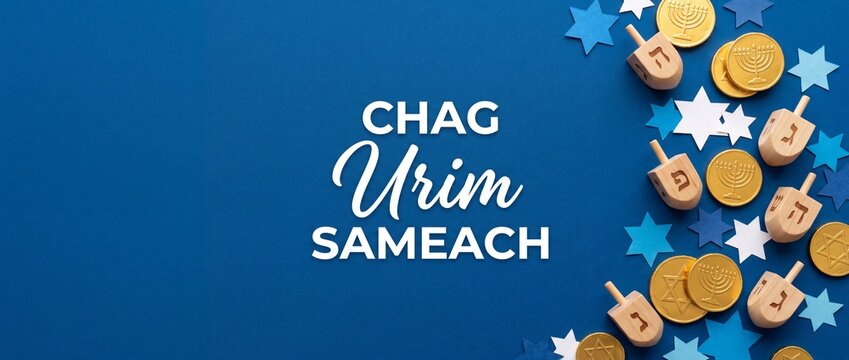 Hanukkah Chag Urim Sameach banner with wooden dreidels gold gelt coins star of david paper decorations on blue background for Jewish holiday greeting card header invitation copy space template