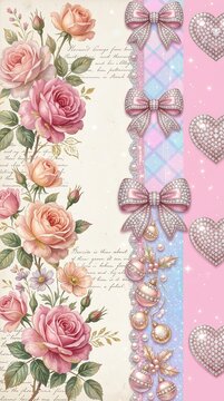 Romantic shabby chic pink roses background with diamond jeweled heart lace ribbon and vintage script wallpaper