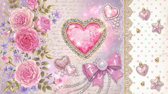 Romantic shabby chic pink roses background with diamond jeweled heart lace ribbon and vintage script wallpaper