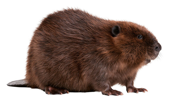 Brown North American beaver standing in profile with thick fur and flat tail