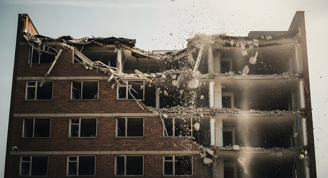 Brick apartment building facade collapsing during controlled demolition