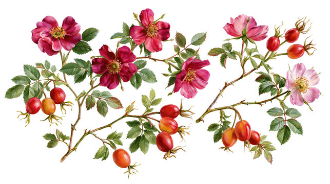 Wild rose branches with pink flowers and red rosehips