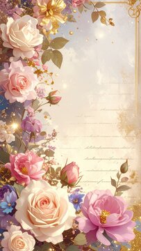 Romantic shabby chic pink roses background with diamond jeweled heart lace ribbon and vintage script wallpaper